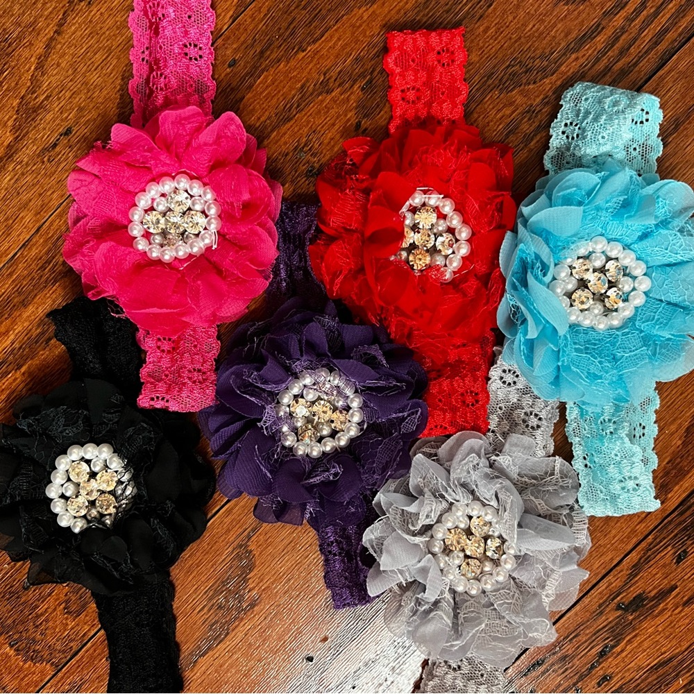6 Lace Headbands with Flowers